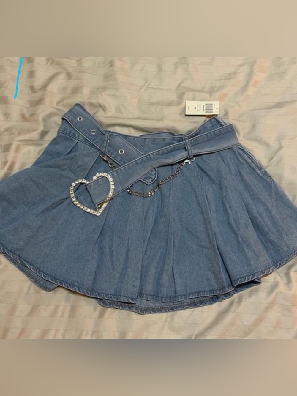 Denim Pleated Mini Skirt with Rhinestone Heart Belt - Blue